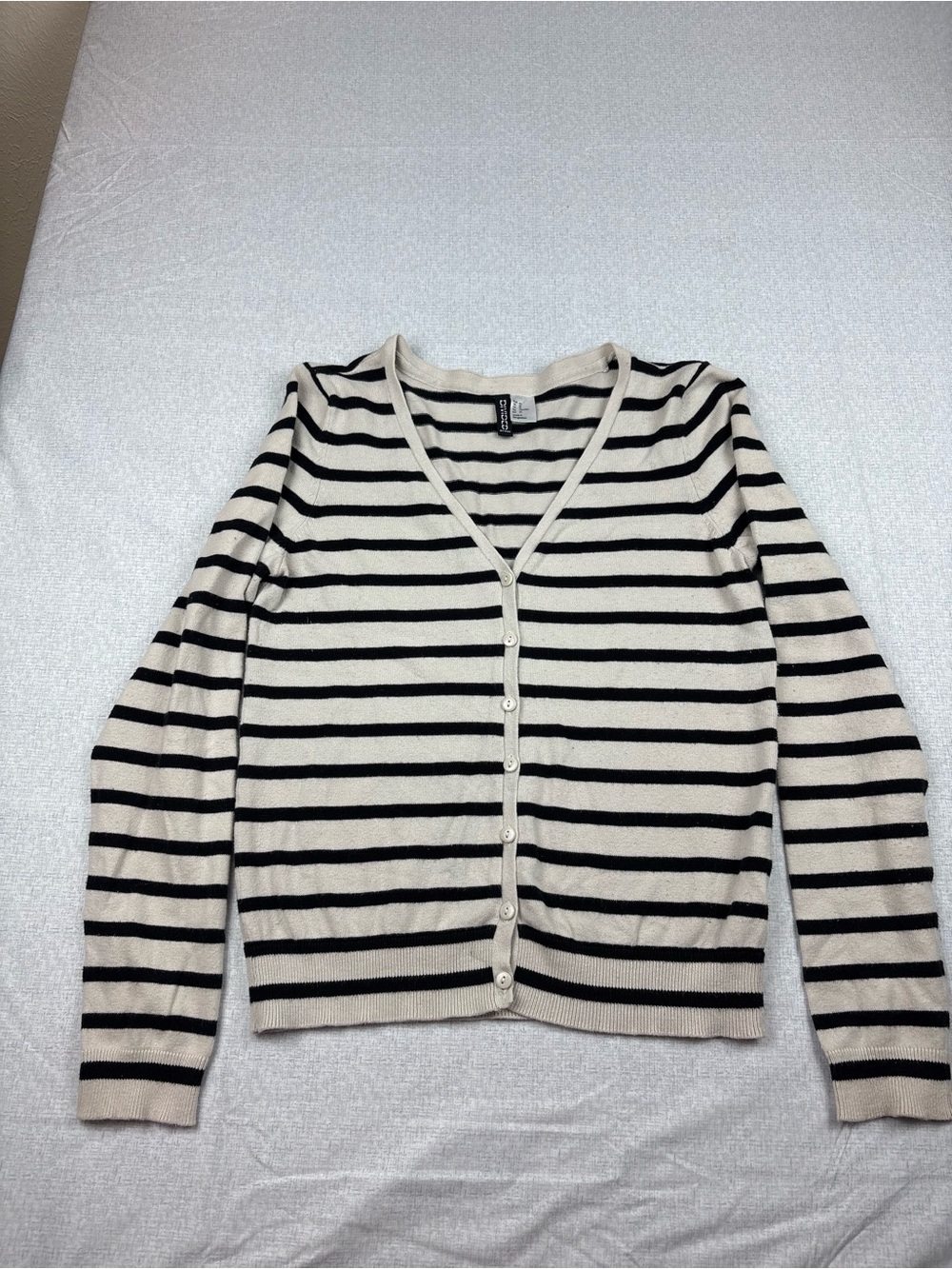 H&M Cream & Black Striped V-Neck Button Cardigan